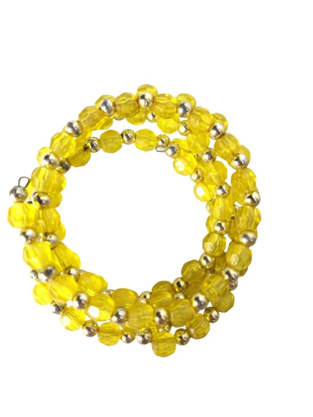 Yellow Faceted Bead Coil Bracelet Silver Tone Wire Wrap Multi Strand Memory Wire
